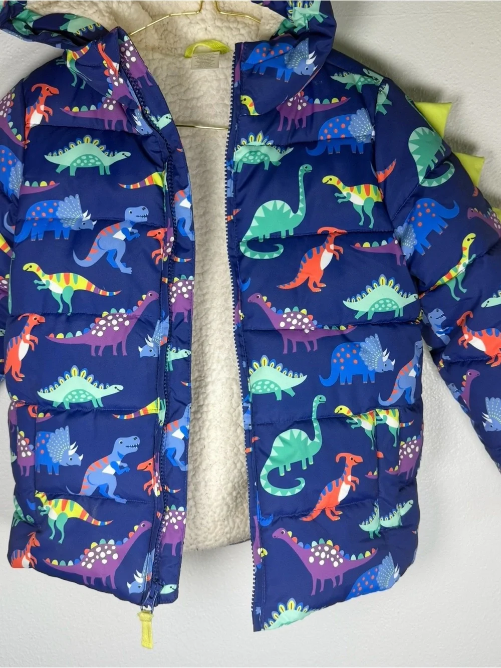 Gymboree Boys Dinosaur Navy Blue Sherpa Lined Hooded Winter Coat Jacket Size 7